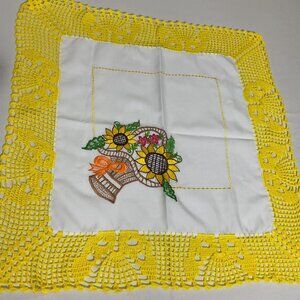 Handcrafted White Fabric Table Topper With Yellow Crochet Lace & Sunflower